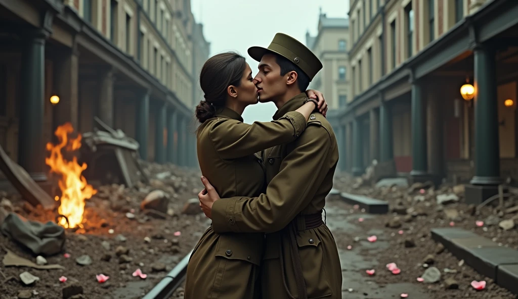 1914; (masterpiece, best quality) destroyed city roses on the floor(London); flowers on the ground; 1British woman soldier couple kissing your husband Down(close-up);firearm on the floor.; fire around.