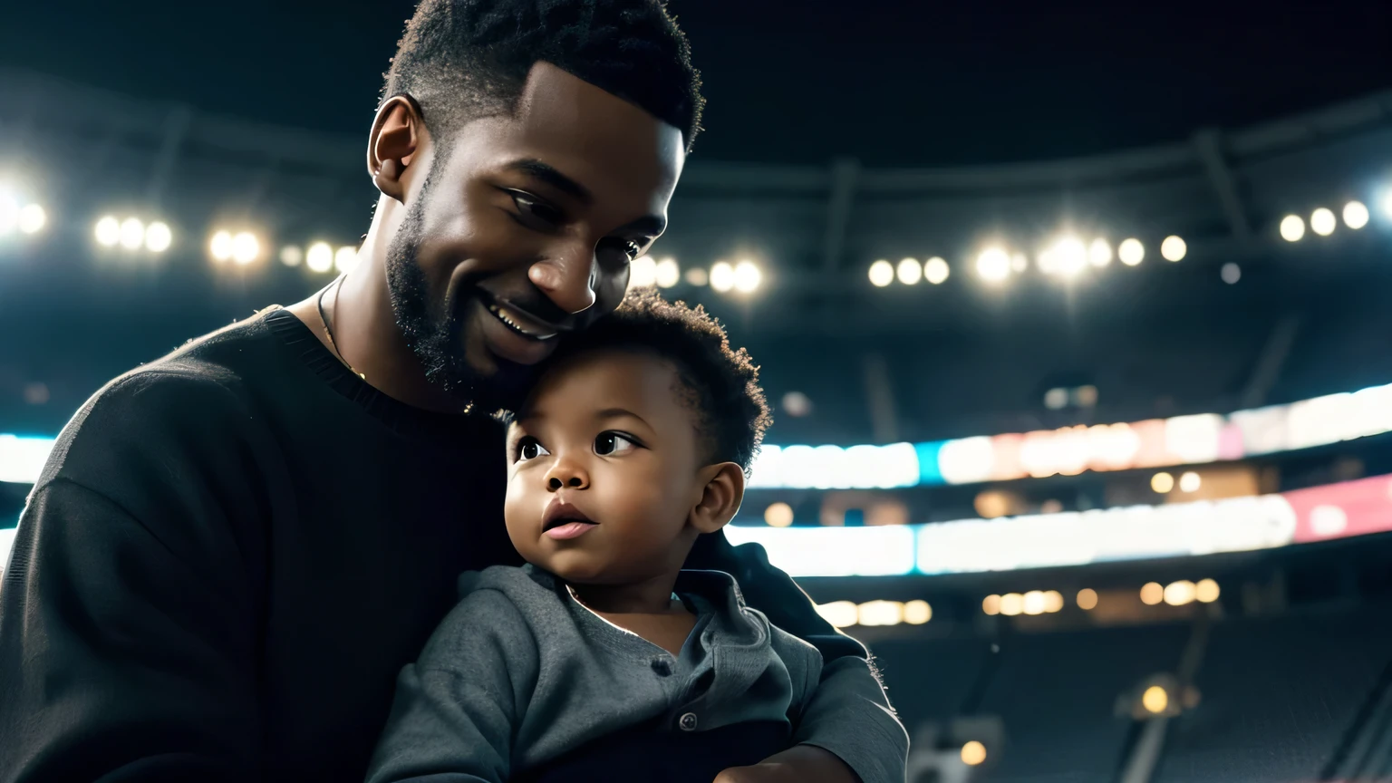 A BLACK MAN IN FRONT AT THE DOOR OF THE HOUSE WITH A BLACK BABY IN HIS ARMS