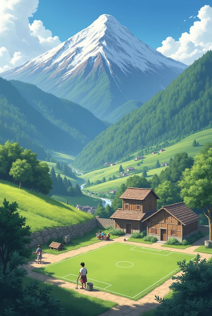 I want an image that has a small football ground, a small village, and simple people And I have been able to live a simple life and I am also fetching water  fall from the mountain near him 
 