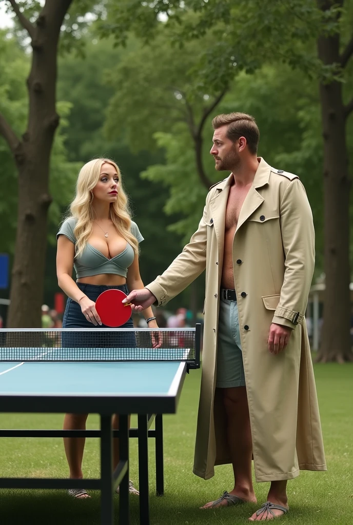 Imagine a 4 man wearing only a trench coat and no additional clothing in a public park next to a ping pong table and playing with it., a blonde woman dressed but with big breasts