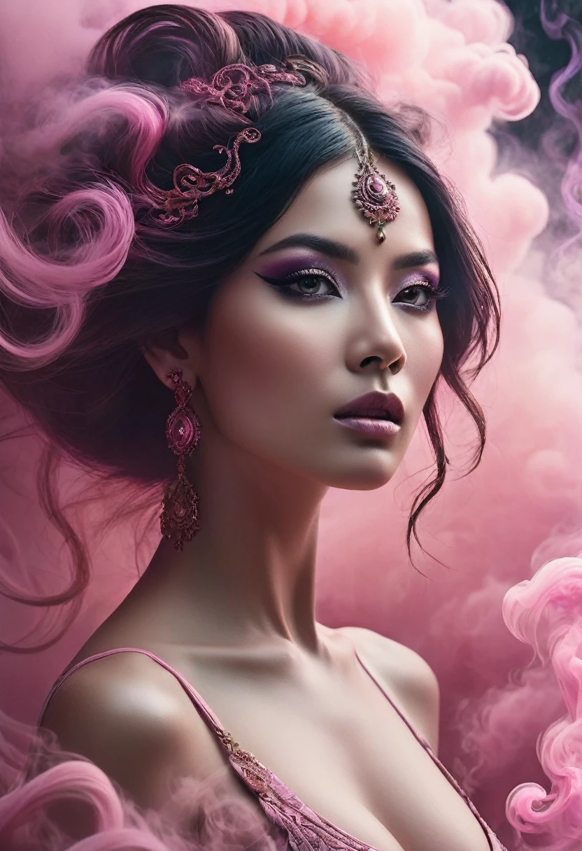 A majestic work of art, a woman, intricately detailed, with an intense, piercing gaze emanating from her singular, striking eye, set against a backdrop of ethereal, swirling pink smoke that appears to shift and undulate as if alive, illuminated by a cinematic lighting scheme that casts dramatic, high-contrast shadows and highlights, evoking a sense of mystery and the otherworldly, with each element expertly rendered in exquisite, high-definition detail, exuding a sense of artistic mastery and visual sophistication.