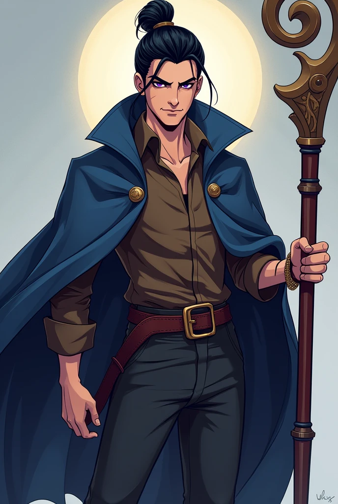 Create a male wizard in the style of Vox Machina from Critical Role. He should have dark purple eyes and black hair styled in a coque (bun). He is dressed in a dark blue cloak and a brown shirt. His weapon is a luxurious but understated magic staff. Use bold outlines, flat colors, and simplified shading typical of Western animation. Ensure the staff has elegant but not overly ornate details, and the overall appearance should be dynamic and stylish, reflecting the heroic and refined look characteristic of Vox Machina