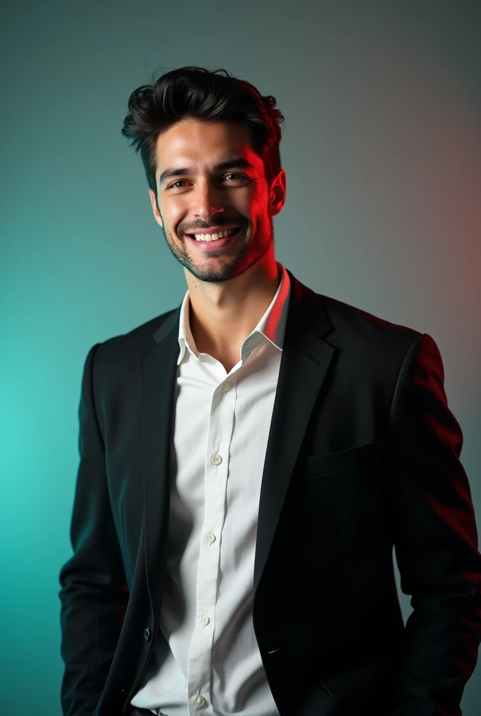+
A young man with dark hair and a confident smile. He is dressed in a black blazer over a white shirt. The man is positioned against aqua colour backdrop with a subtle red lighting on the left side. and he posing for Linkedin profile