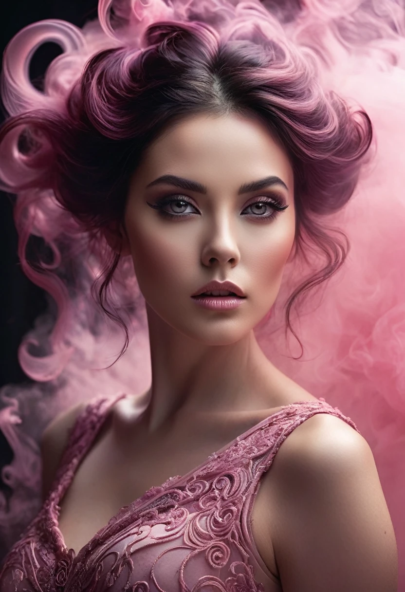 A majestic work of art, a woman, intricately detailed, with an intense, piercing gaze emanating from her singular, striking eye, set against a backdrop of ethereal, swirling pink smoke that appears to shift and undulate as if alive, illuminated by a cinematic lighting scheme that casts dramatic, high-contrast shadows and highlights, evoking a sense of mystery and the otherworldly, with each element expertly rendered in exquisite, high-definition detail, exuding a sense of artistic mastery and visual sophistication.
