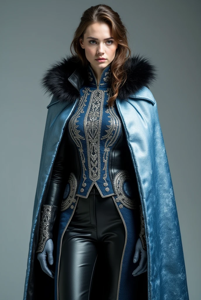A girl who wearing a high-collared, fitted bodice with intricate silver embroidery or icy patterns. The top could be a mix of leather and fabric, providing both style and practicality. A long, flowing skirt or sleek pants with thigh-high slits for ease of movement. The fabric could have a subtle shimmer or frost-like pattern. A dramatic, long cape or coat with a fur-lined collar and silver clasps. The cape could have a gradient effect, transitioning from dark to ice blue.