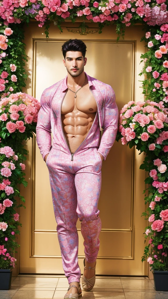 (absurdres, highres, ultra detailed, Ultra HD), ((tall handsome muscular man with a strong physique, solo, male model modern clothing, Full length portrait: 1.5, wearing a flowers patterned zip-up jumpsuit that is unzipped revealing his chest and abs, bulge: 1.2, verious flowers around him, jewellery, the man is standing comfortably in the flowers,)), beautiful, gorgeous, wet, mature, perfect eyes, sexy gaze, (looking at the viewers romantically), perfect body, smooth skin, a hot glow in his skin, extra large chest, largest breasts, extremely large pectorals, big nipples, breathtaking grandeur, model pose, colorful, artistic, focus on his calm facial features, elegant look, sexy posture, full body view,