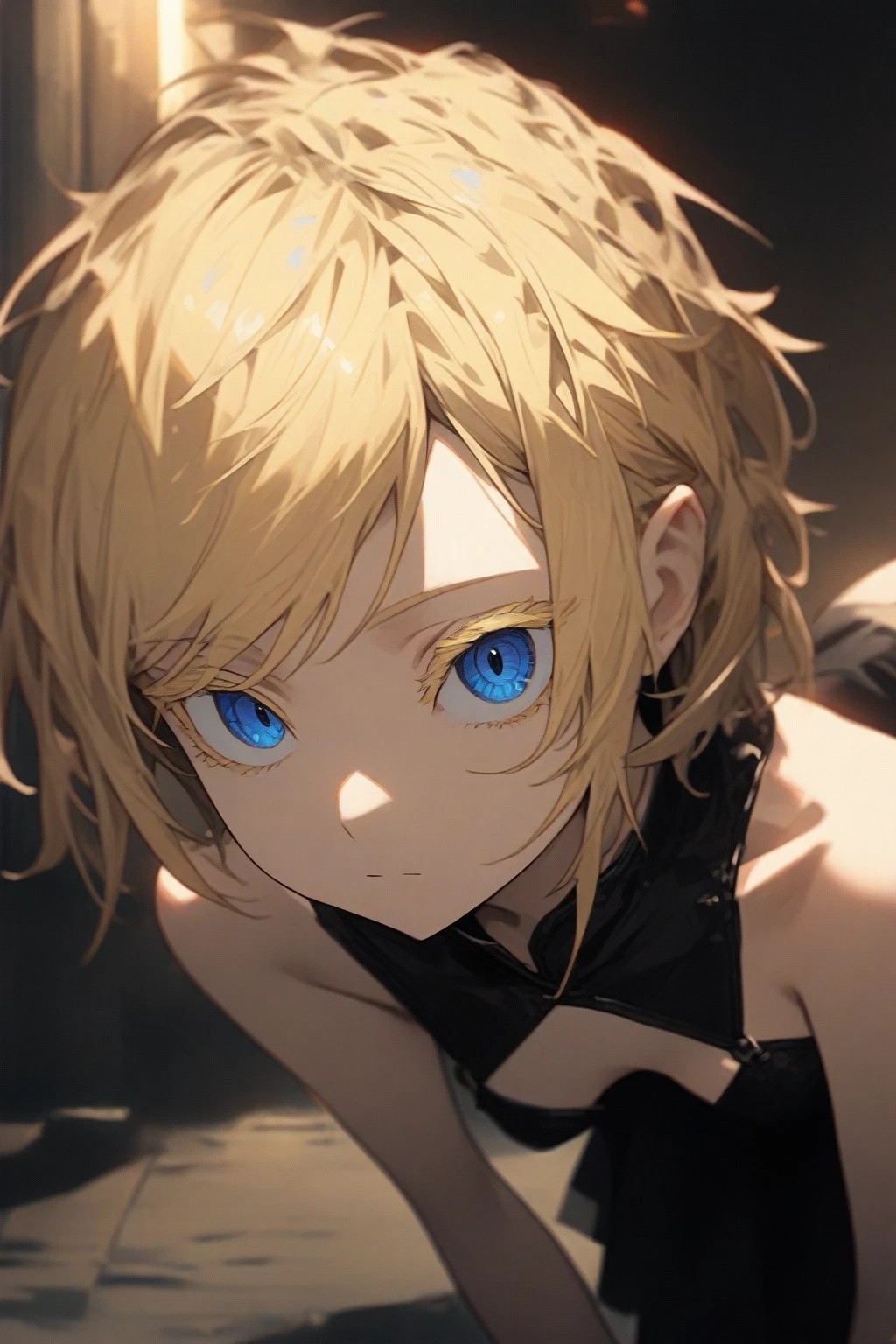 masterpiece, best quality, very aesthetic, absurdres,1girl,blonde hair,short hair,disheveled hair,(colored eyelashes),(blonde eyelashes),(blue eyes),(sharp eyes),(slanted eyes),choppy bangs,medium breasts,prostitute,brothel,clear face,expressionless,