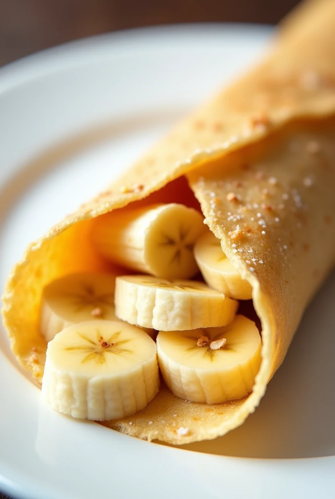 a crepe with banana inside that the banana is cut into small cubes
