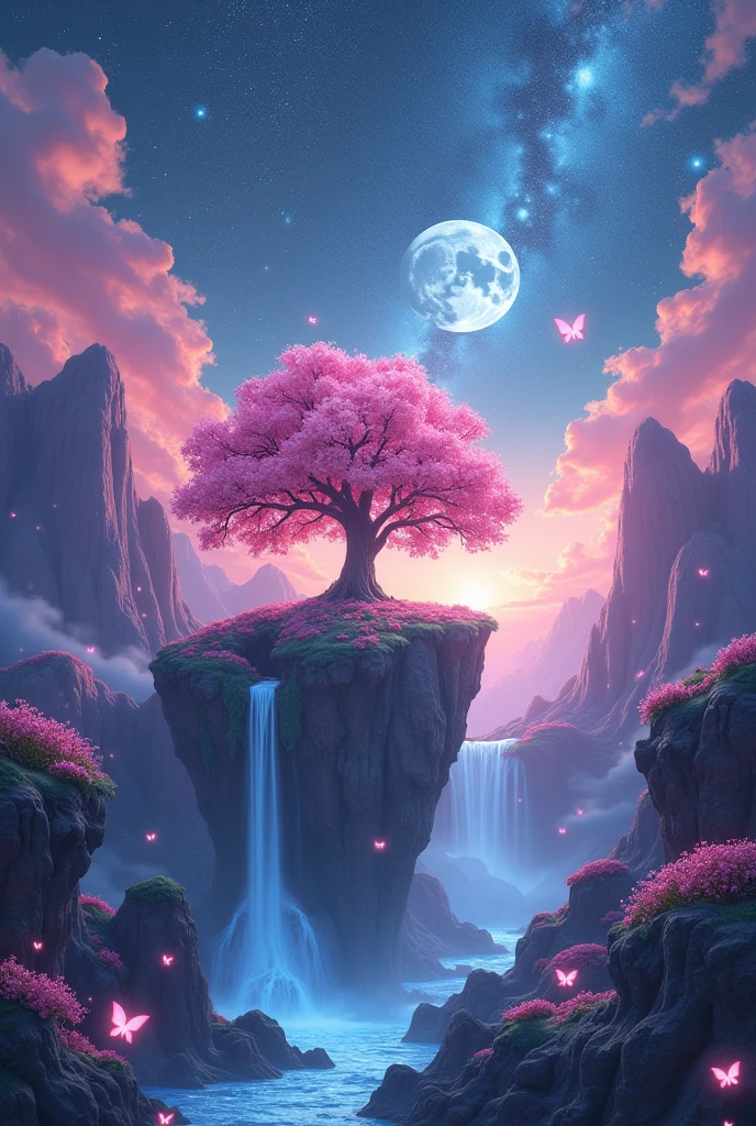 galaxy pink purple blue small world, tree with pink mountains and waterfall, glow at night, big moon and stars, stars butterflies, space, big galaxy, milky way, Magik


