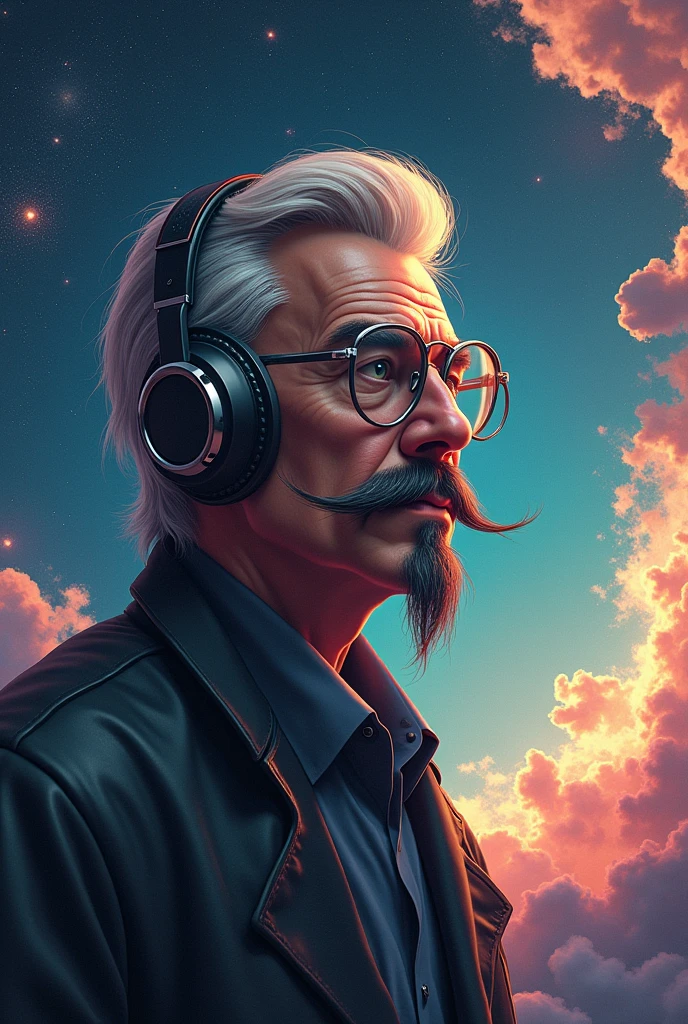 an 1 guy with a headset, who wears round silver glasses and a black mustache with a mullet in the galaxy, drawning