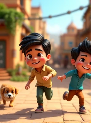 "Illustrate a short story about two brothers, Ali and Hasan, living in a village.cartoon 3d image