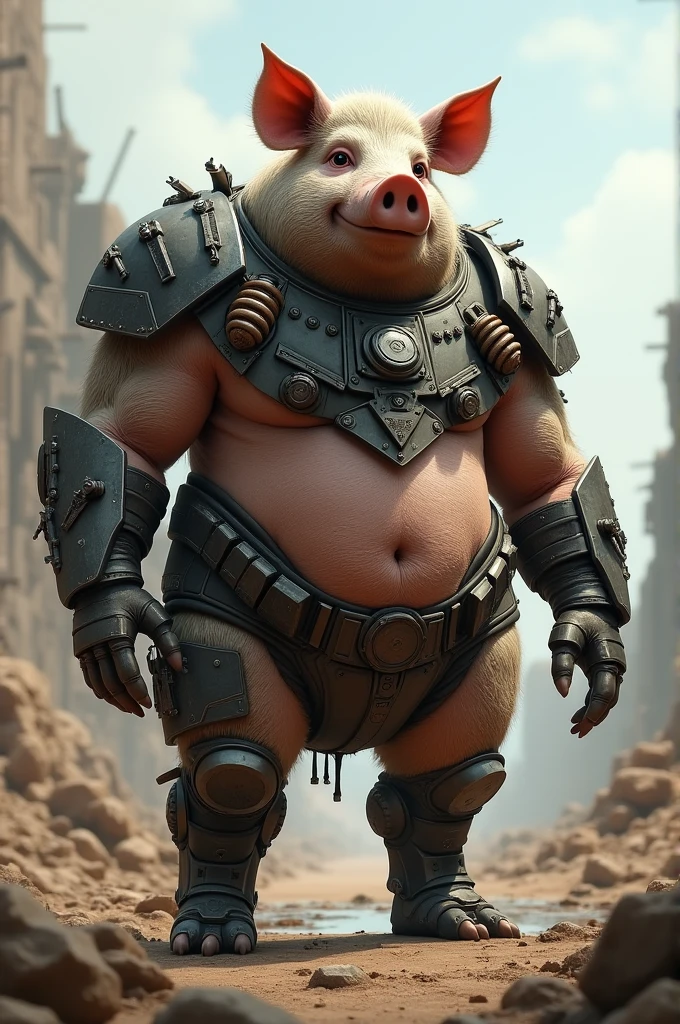 A fat bipedal pig with a cybernetic arm and a war chest