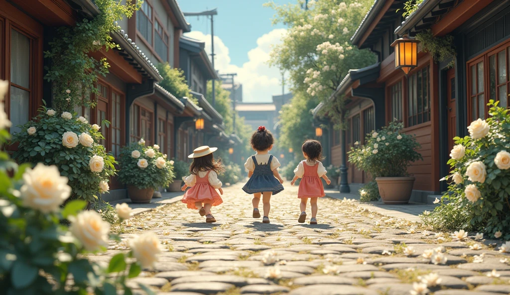 1890; (masterpiece, best quality) pacific city(Tokyo) roses white on the floor; children playing in the streets
