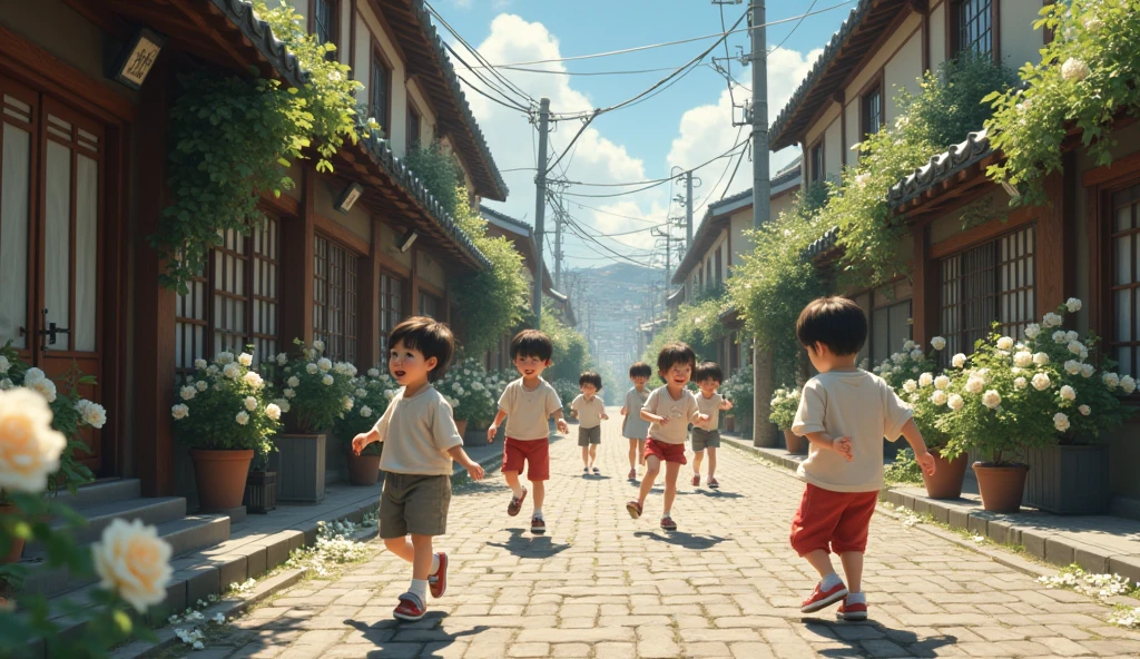 1890; (masterpiece, best quality) pacific city(Tokyo) roses white on the floor; children playing in the streets