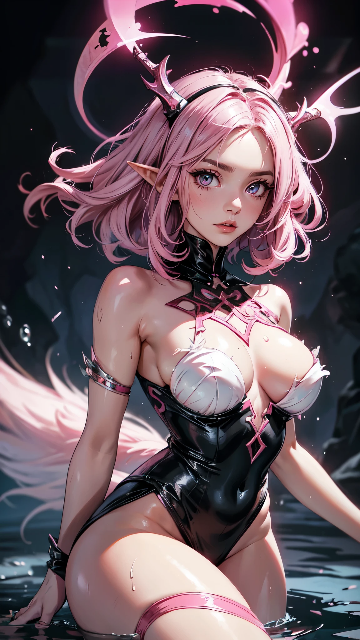 A beautiful pink-skinned woman pink as a demon Devil with pink skin with long black hair that goes all the way to the ground Make her like a sorceress in a setting filled with magic and mystery A character for medieval RPG She must be wearing medieval robes covering her body like a mage She must wear a medieval costume Her skin is pink pink as an avatar horns and pointed tail like a demon pink skin pink skin light pink skin black hair hair strands are black in color with white spots spotted black and white hair black hair with white spots, pink skin pink hair,detailed eyes, detaield hands, detailed face, elf woman, full body, wet,drops of water,wet