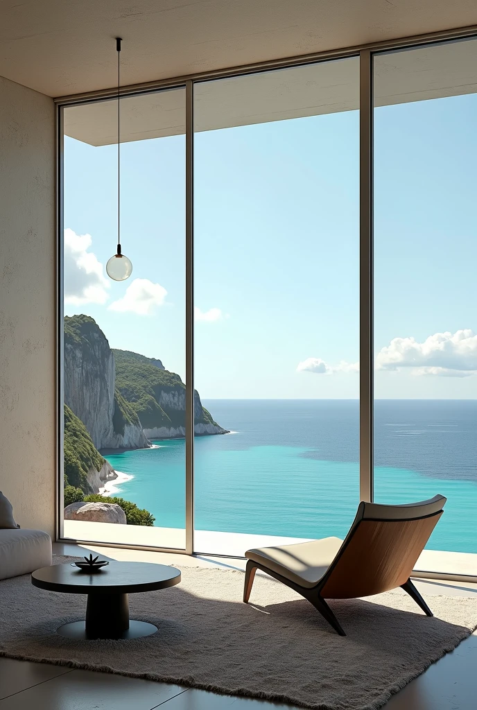 living room in minimalist house on a cliff by the sea, overlooking the caribbean ocean,