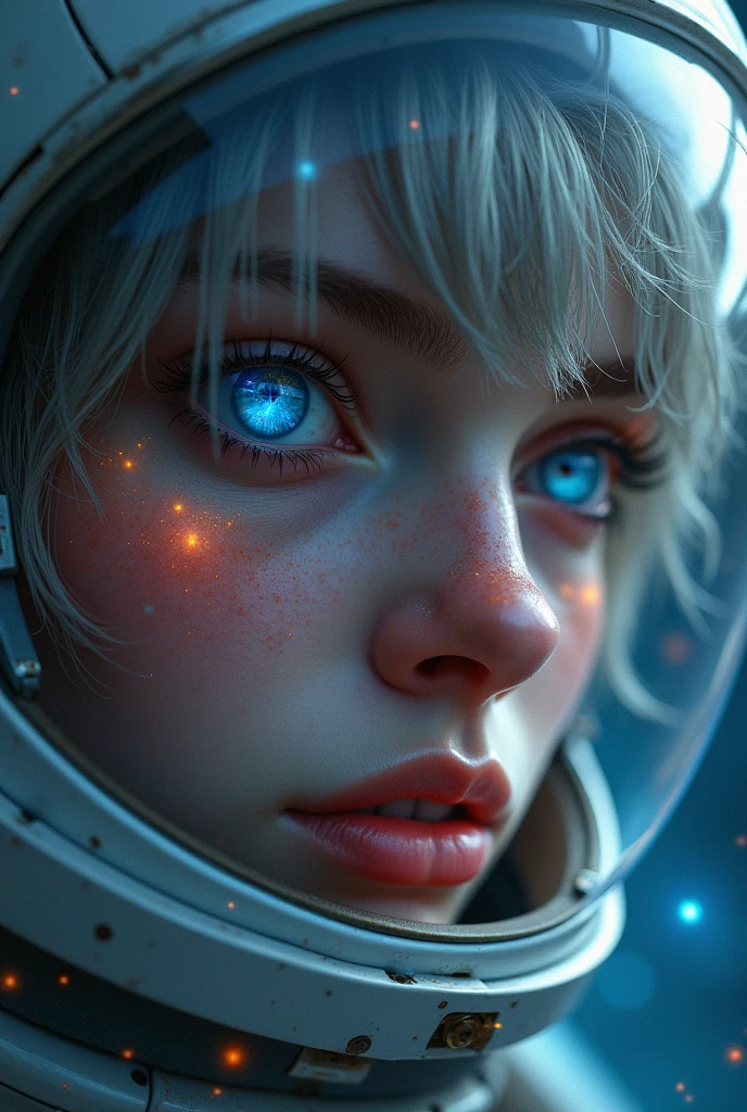 (Close-up of a better masterpiece:1.5)0.9], (Space and astronauts:1.2) (Messy silver hair:1.1) (Heterochromia xanthochromia and blue eyes:1.2) (Space Helmet:1.0) (Colored stars in the eyes:1.0) (A radiant glow:1.1) (thick lips:0.9)