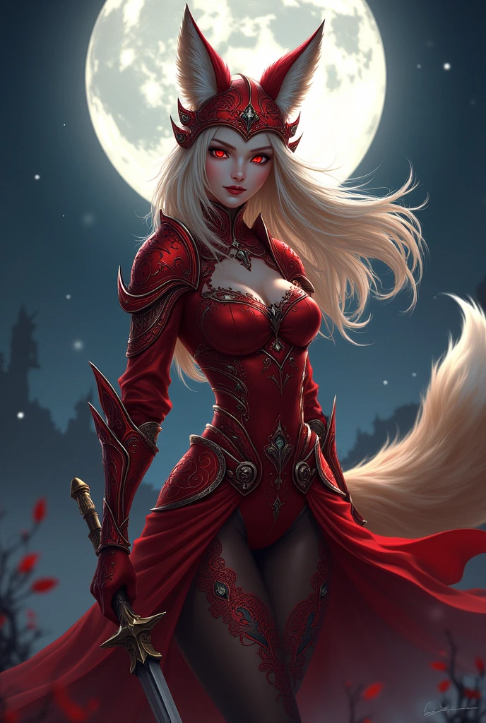 Fox girl beautiful warrior red ears fox tail helmet night