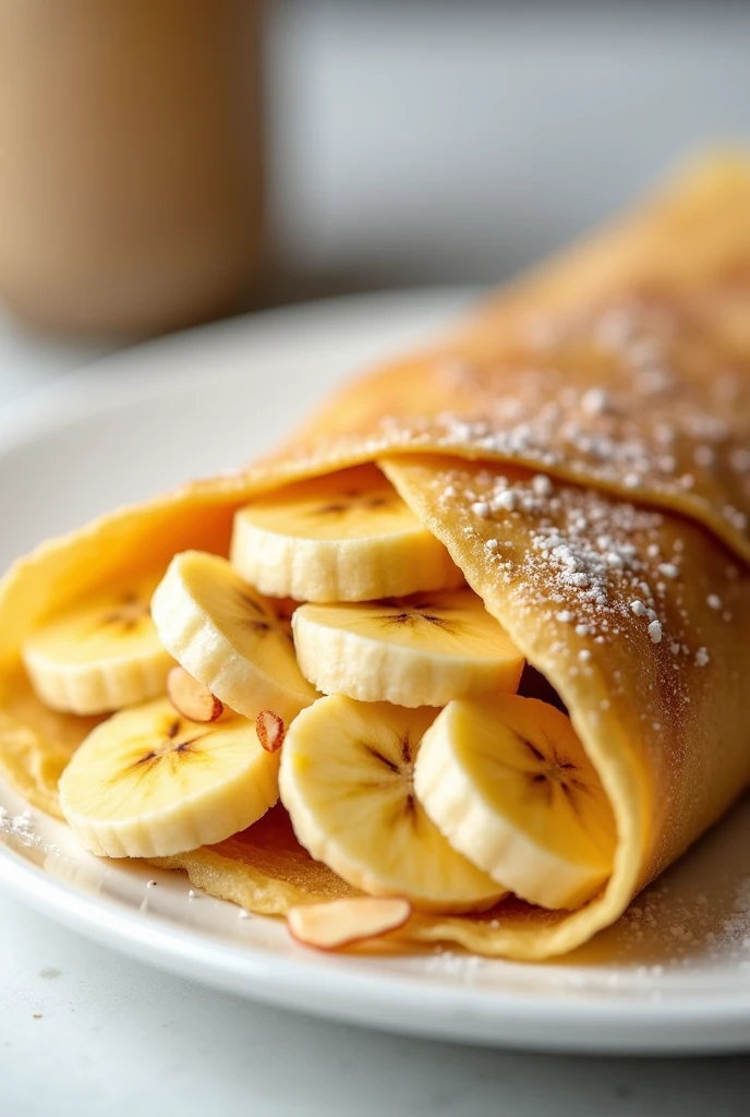 a crepe with banana inside that the banana is cut into small cubes