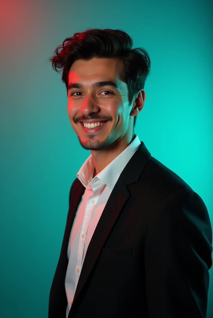 +

A young man with dark hair and a confident smile. He is dressed in a black blazer over a white shirt. The man is positioned against aqua colour backdrop with a subtle red lighting on the left side. and he posing for Linkedin profile