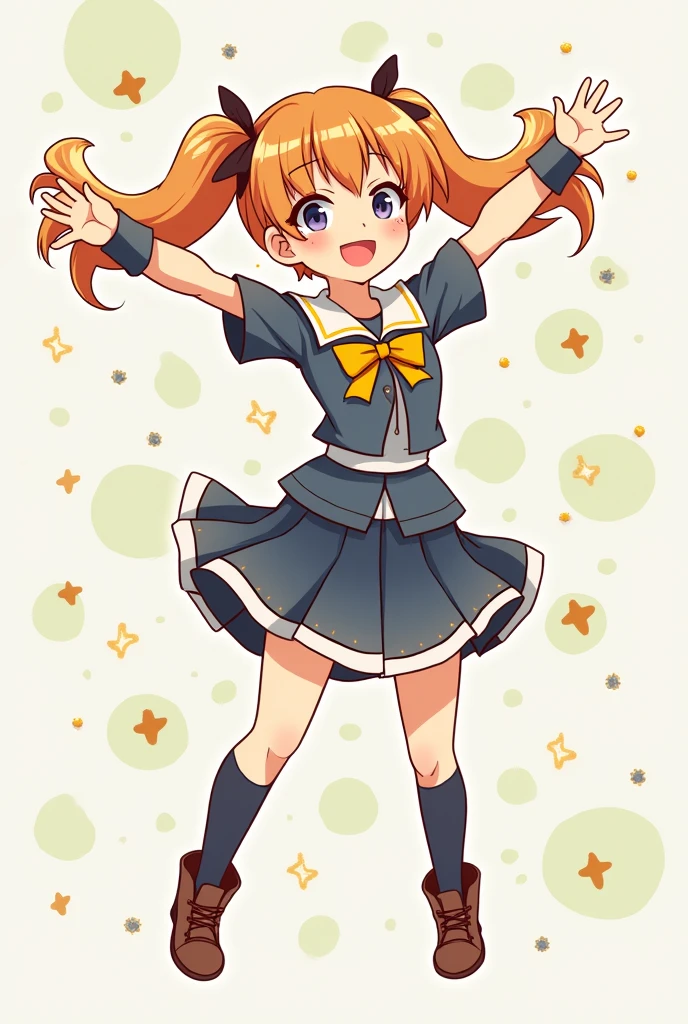Cute illustration。Powerful poses。Uplifting。Show the whole body。Wearing a uniform。Twin tails。Bird's-eye view pose