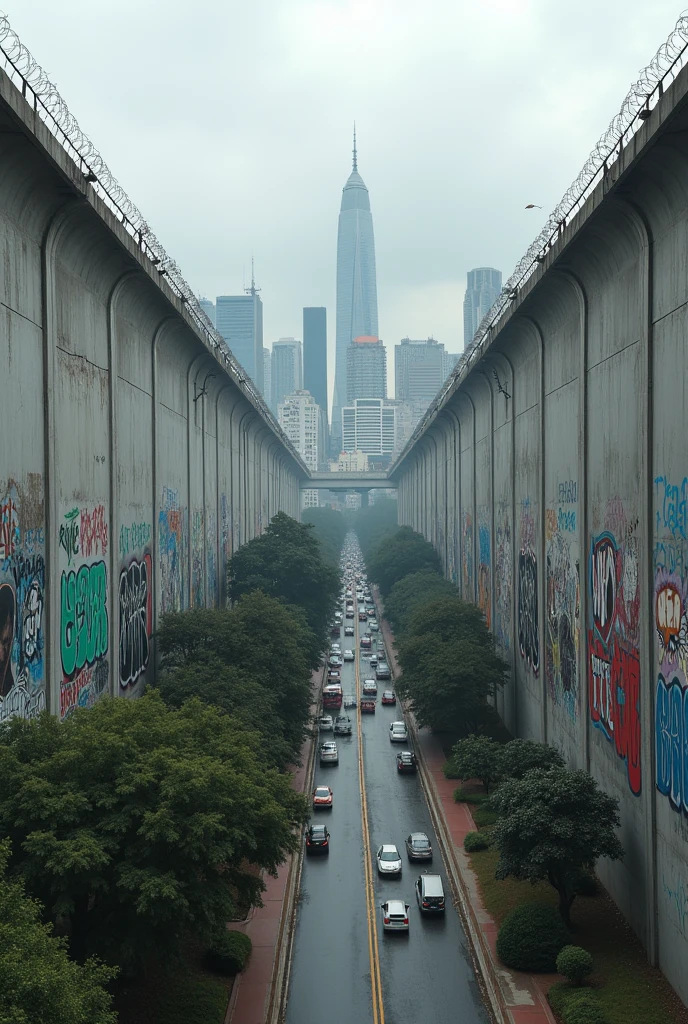 Create a Berlin Wall dividing the cities of São Paulo and Rio de Janeiro , make the characteristics of the divided cadade more specific, be even more specific