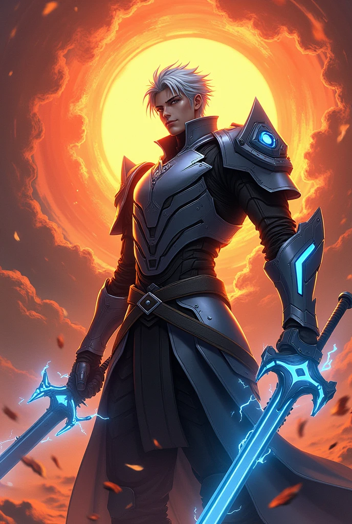 Anime white hair knight helmet with kimono fire electric gloves