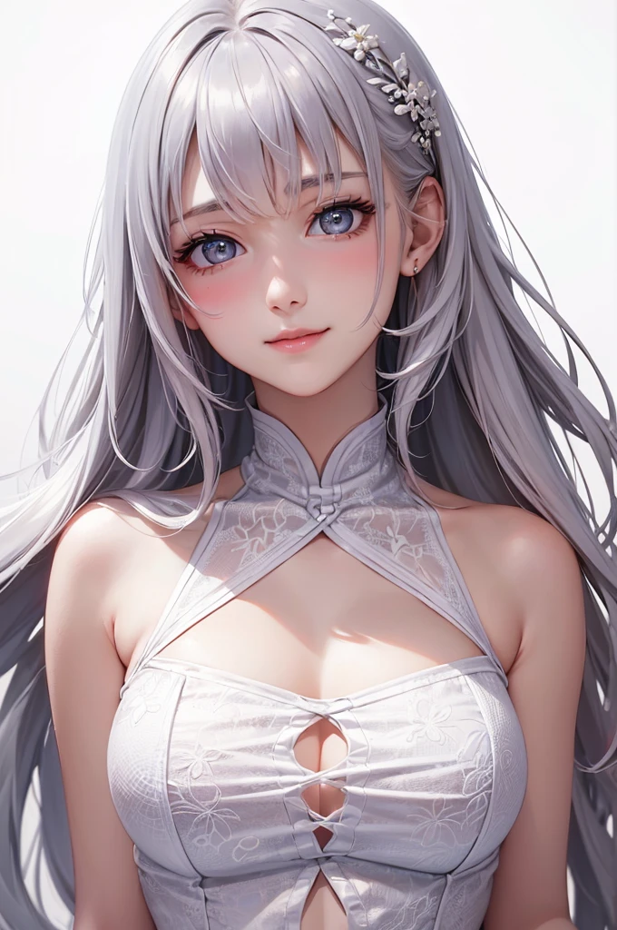 Best Quality,High resolution,8k,(plain white background, no patterns, no textures, just a plain white background:1.3),Masterpiece:1.2),beautiful girl,(focus face),Glossy romance gray hair,messy hair,Beautiful grey eyes,Cute Chinese dress,Gentle look,A refreshing look,smile,Best quality,Best Quality,Aesthetic and aesthetic:1.2,Best details((Super detailed))(High-definition CG illustrations),Slender body,smile,blush,cute,Scrounge,Looking up,Being spoiled,super model