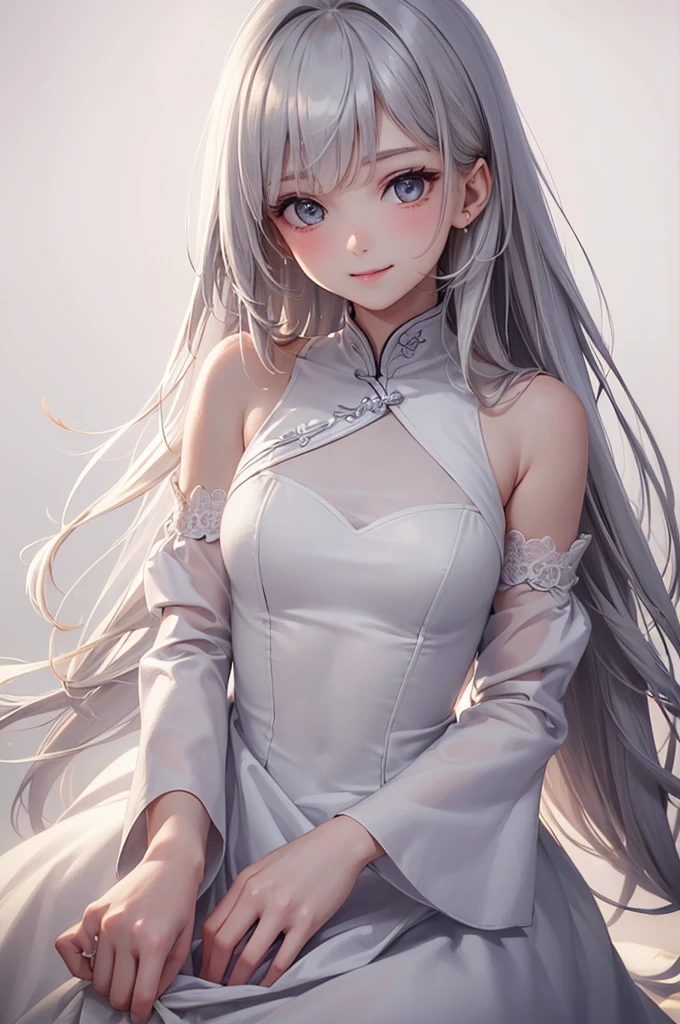 Best Quality,High resolution,8k,(plain white background, no patterns, no textures, just a plain white background:1.3),Masterpiece:1.2),beautiful girl,(focus face),Glossy romance gray hair,messy hair,Beautiful grey eyes,Cute Chinese dress,Gentle look,A refreshing look,smile,Best quality,Best Quality,Aesthetic and aesthetic:1.2,Best details((Super detailed))(High-definition CG illustrations),Slender body,smile,blush,cute,Scrounge,Looking up,Being spoiled,super model