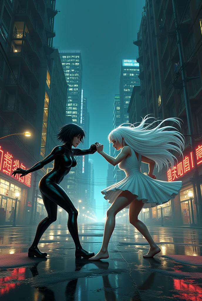 The image is anime style with shadows and dim lights, anime style although somewhat adult and dark, It shows a scene of the roads of a futuristic city.. in it, between the vehicles, They are fighting an albino with long white hair, who wears a short white dress, She has her bare feet against an android that has short black hair and a latex suit. They fight bare-knuckle over the highway, Shock waves come out of their blows. The image is focused from above, so you can barely see the fighters in question. They are kicking each other.