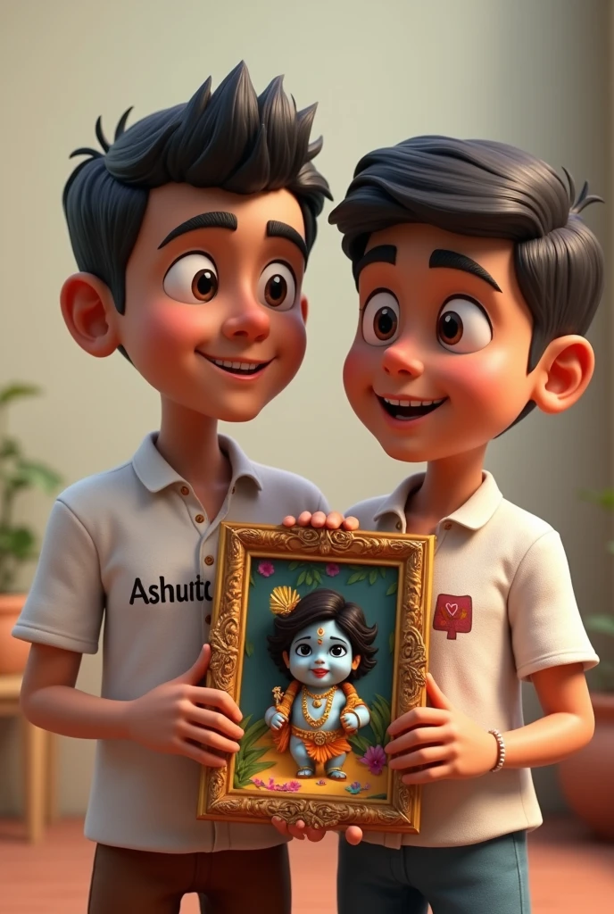 (photorealism:1.2), two man is holding hid murti
of lord krishna ji, the man is wearing a white colour shirt with "Ashutosh" name written on its background.3d illustration .with written name "Ashutosh "and Gaurav in bold and big letter
The man age is minimum 2 .lord krishna with goddess Radha and flute only