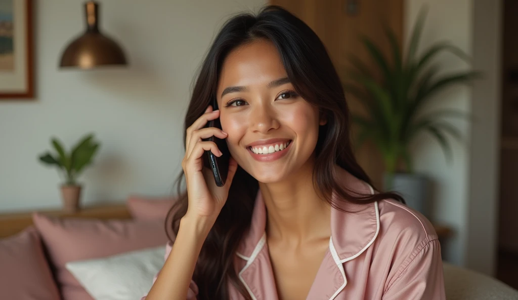 original photo. The face of a beautiful young Indonesian woman. wearing pajamas with a happy smiling expression making a call using a cellphone. in women's design room Ultra-realistic 8K photo, taken with Leica Q2, strong color contrast and sharp clarity --quality 2 --