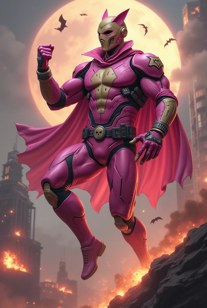 Malaysia man in high-tech suit, vivid effects, malaysian superhero(( (KELUANG MAN)) in a striking pink and brown beige costume cyberpunk design((, mask small mini bat ear beige,))(( daredevil batman mask biege))jumpsuit dark pink stands confidently in a dramatic.jumping from high place.hero costume.one hand rise up. (Big triangle logo on the chest.high detail Punisher logo on the chest)). jumping from hight place. Fighting pose , stormy landscape. ((Head covered node guard like batman.)) Running pose , athletic body type, small mini ear bat mask))The character wears domino mask a helmet with pointed mini torn ears and a flowing cape biege, open nose and mouth. Equipped with visible futuristic weapons on a belt,bullet proof jacket pink dark day.show fingers pose, dark night, big supermoon effect . Small logo on chest triangle shape small ((mitch gerads punisher ))logo center triangle cyber logo center on chest pink logo mini logo Casey Jones mask on the logo on chest. )). rocky. Building top.smoke ground , bomb effect background((, losse pants, losses costume.))adding to --ar 3:4 --style raw --stylize 500 --v 6.1. chaos. Lot of small flying bat. Hand glove. One leg on the high stone. Man. Backpack . Real man age 40 year old. One hand holding belt. Jump from high place. Open cape.two hand holding pistol.