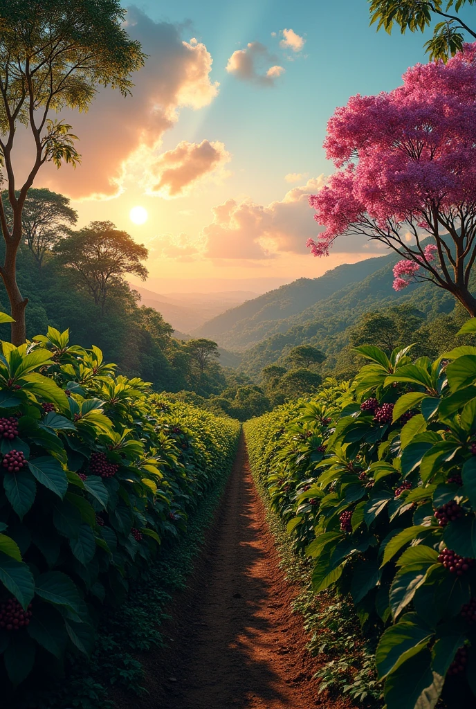 A coffee plantation loaded with coffees, with pink ipê trees around, with a very beautiful blue sky and a sunset in the background!


