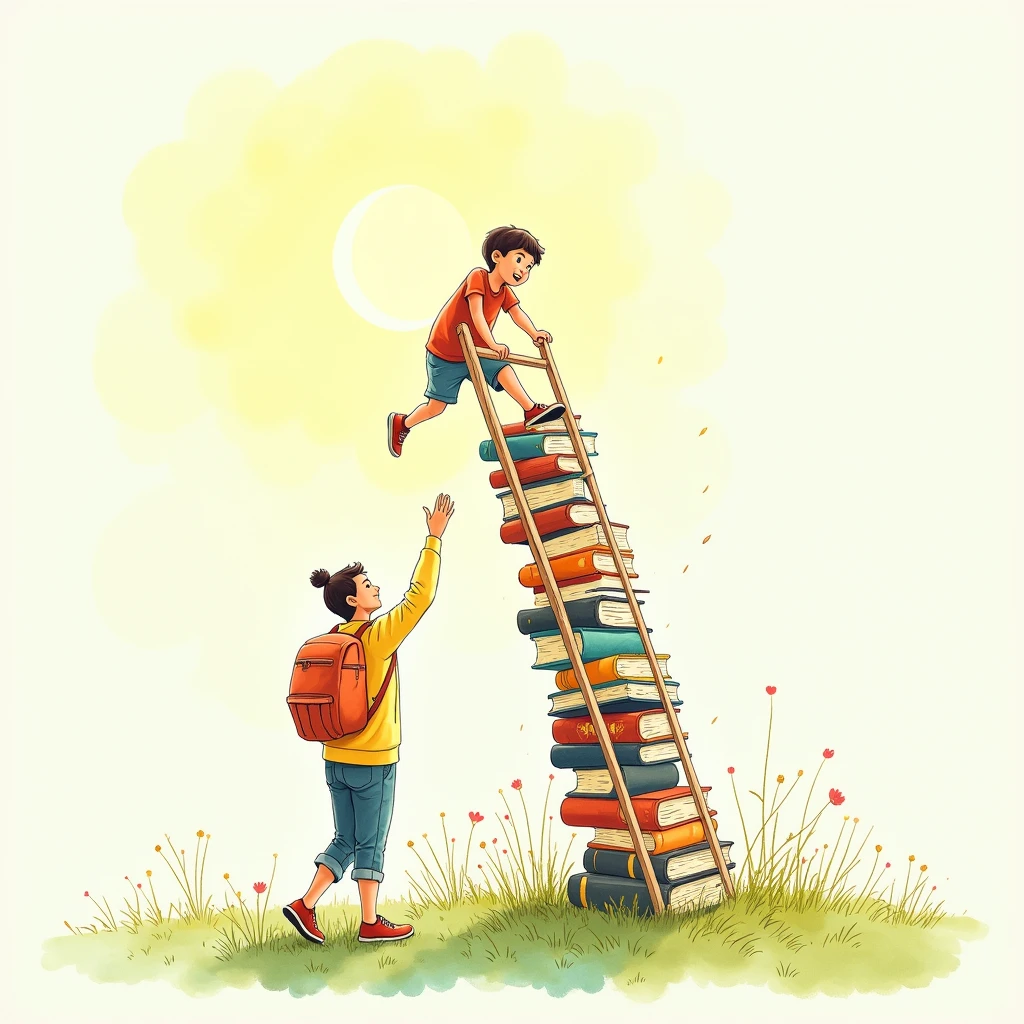 Hand-drawn illustration of a climbing a ladder made of books reaching up in the sky. The parent is at the bottom, offering support. The scene is set against a bright, sunny sky, symbolizing progress and growth