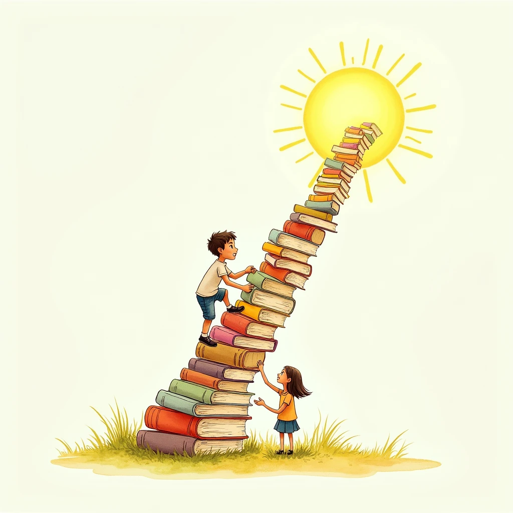 Hand-drawn illustration of a child climbing a ladder made of books reaching up in the sky. The parent is at the bottom, offering support. The scene is set against a bright, sunny sky, symbolizing progress and growth