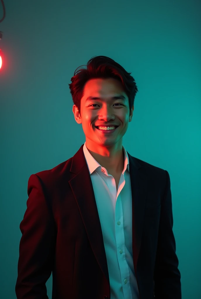 +
A young man with dark hair and a confident smile. He is dressed in a black blazer over a white shirt. The man is positioned against aqua colour backdrop with a subtle red lighting on the left side. and he posing for Linkedin profile