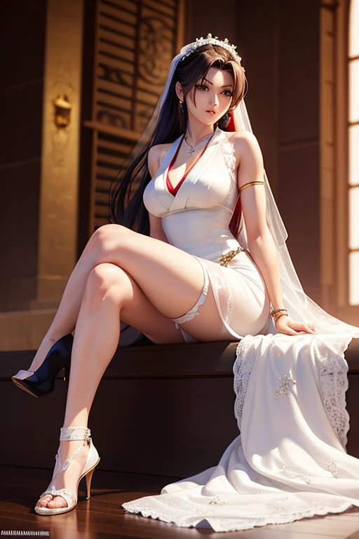 nighttime,full body,KOF:Mai Shiranui ,(((Wearing White wedding dress ))), Jewelry ,Elegant sitting posture,Masterpiece,best quality,official art,extremely detailed, 3D, Cinema 4D,8k,photorealistic:1.4, ( ##tattoo ##,tattoo, ~+ tattoo),(Perfect female curves, huge stacked breast),(A seductive gaze), Facing the camera, Pink lips,Delicate fingers and hands,magic hour, Rembrandt lighting, front lighting and fill lighting, hard shadow,