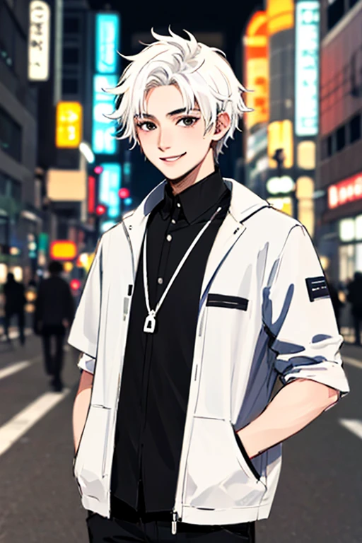 ((masterpiece)), (((best quality))), chromatic lighting,
colorized, white + black limited color palette,
detailed concept drawing,
in Shibuya, street fashion guy, no weird object on his face,
portrait, 20yo 1guy, slender, short white hair, black eyes, smiling