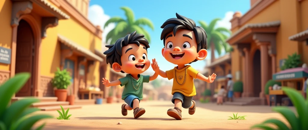 "Illustrate a short story about two brothers, Ali and Hasan, living in a village.cartoon 3d image 