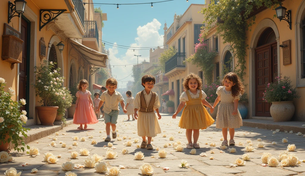 1890; (masterpiece, best quality) pacific city(Rabat) roses white on the floor; children playing in the streets