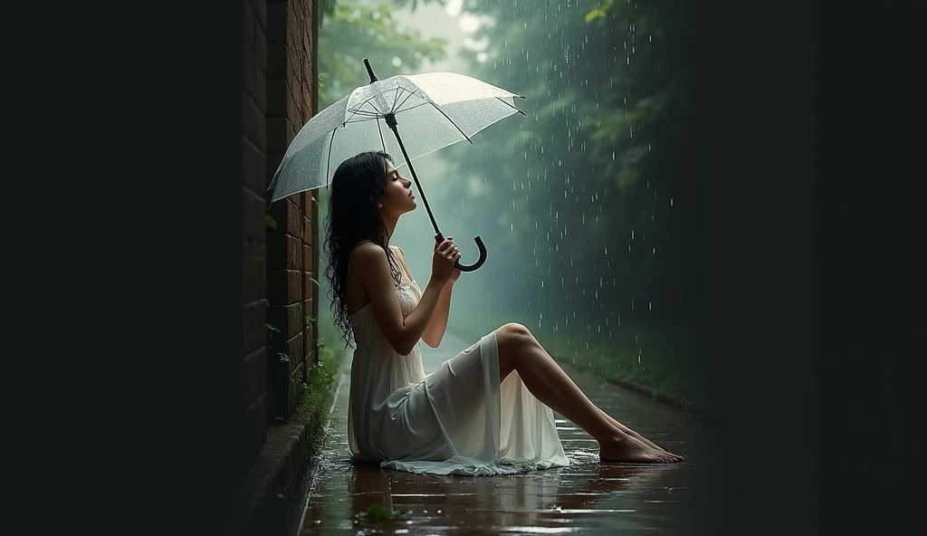 arafed girl in a white dress sitting on the ground with an umbrella, rainy wet, wet from rain, rainy outside, dripping wet, under rain, in the rain, just after rain, raining outside, sexy girl, rainy day outside, beautiful maiden, beautiful goddess, pretty girl standing in the rain, misty and wet, gorgeous woman, misty and raining