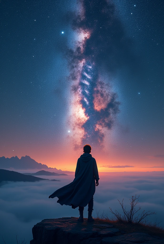 High Resolution Universe、Milky Way、On the Cliff、Traveler gazing at the night sky、Clothes fluttering in the wind、Sea of stars、Black silhouette from directly behind、Twilight Traveler,Outfit of a traveler from another world,Close-up of a person, realistc
