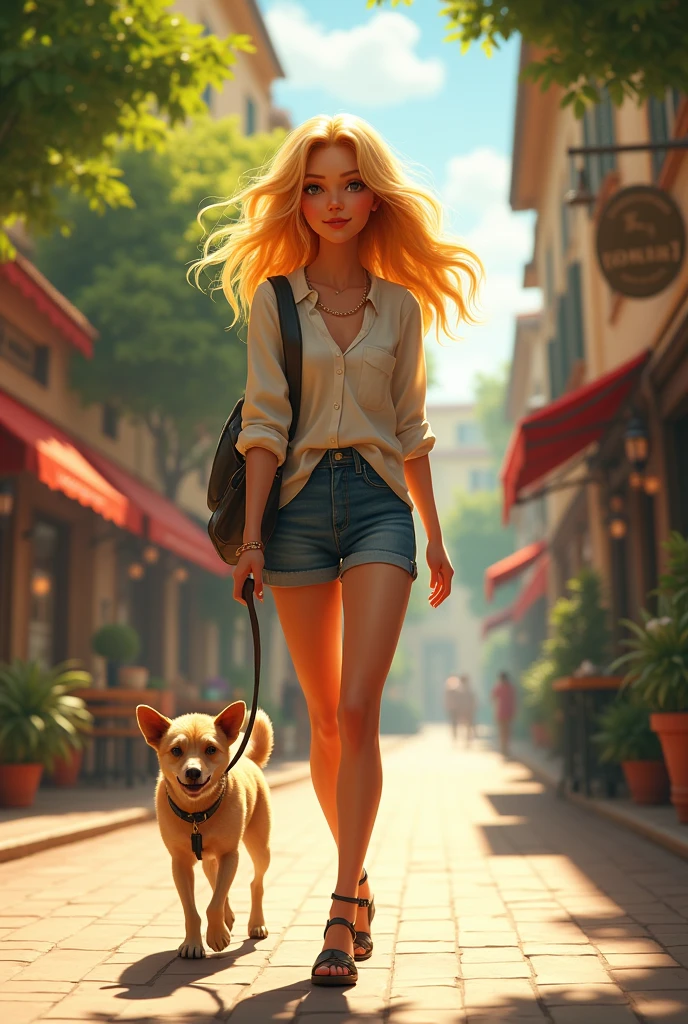 Generate the blonde from before walking a dog