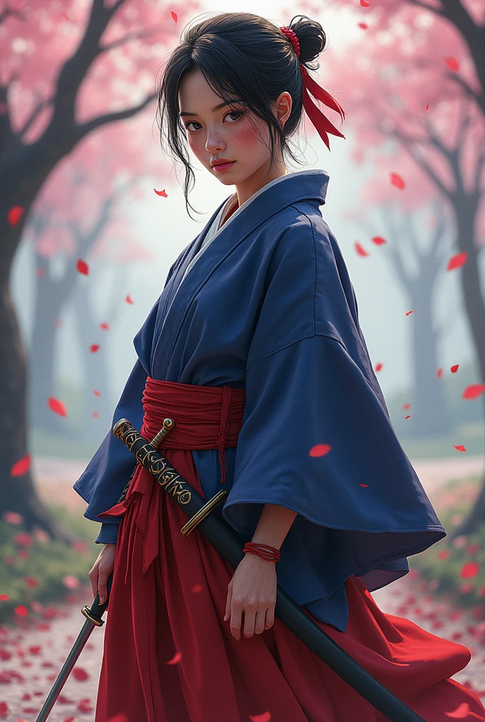 Hakama that evokes the image of the French flag、Holding a sword、After the battle、Very sensitive skin、I have a few freckles、SakuraFubuki、Also々Shii、masterpiece、high resolution、Like a single-lens reflex camera