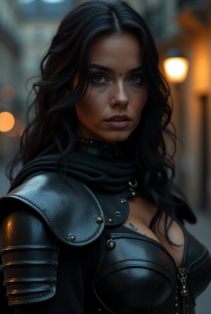 detail, realist, women, Dark skin, gray eyes, middle Ages, Goddess, Musa, sexy, armor, curvy, manuelsart style, tattooed, Front portrait, he would be, strong look, night cinematic lighting, Medieval streets in Paris at night, black color, Dark,