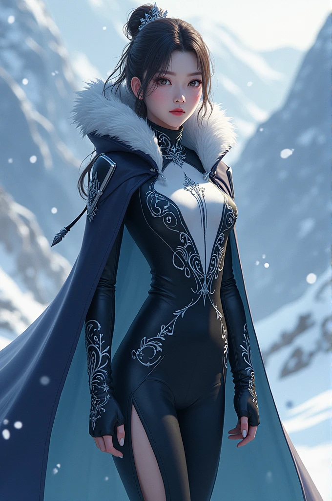 A girl who wearing a high-collared, fitted bodice with intricate silver embroidery or icy patterns. The top could be a mix of leather and fabric, providing both style and practicality. A long, flowing skirt or sleek pants with thigh-high slits for ease of movement. The fabric could have a subtle shimmer or frost-like pattern. A dramatic, long cape or coat with a fur-lined collar and silver clasps. The cape could have a gradient effect, transitioning from dark to ice blue. Genshin artstyle
