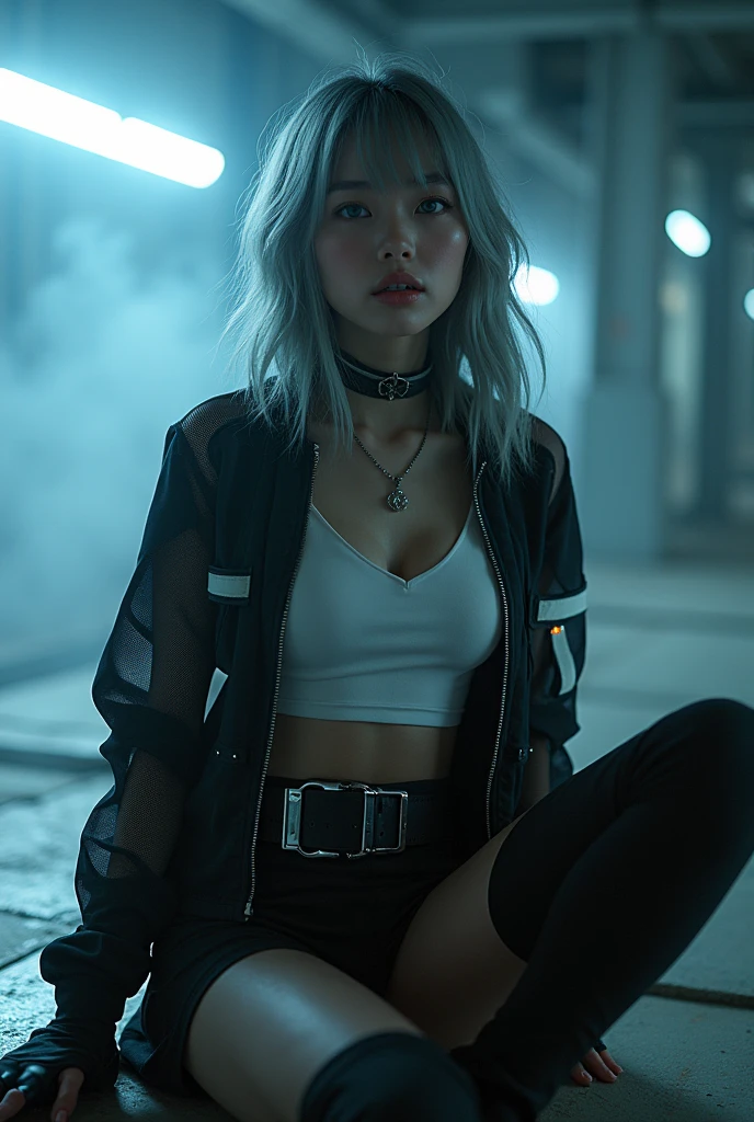 (nsfw:1.2), masterpiece, Best Quality, Realistic, A mysterious and sophisticated beautiful sexy young girl, identity hidden, all body shot, with blue eyes wears futuristic and sexy fashion art. 18-years-old, cute and sexy Japanese girl is climbing at a wide angle, sitting and sexy posing, with her full body in frame. She has an ultra-slim waist, large firm breasts, a large-sized buttocks, showcasing sculptural beauty. gray arranged hair, light color eyes, Realistic skin, Detailed face, , small head. /// dressed in a striking white and black military print bodysuit paired with a sleek black leather belt with a futuristic metallic buckle and low-rise black skirt with zipper accents. She wears a sheer black mesh bomber jacket adorned with white and black military patches, chunky black high-cut Sneakers with silver hardware. Her look is fierce and bold, complemented by black fingerless gloves with white LED lights and high-tech accessories. adding an edgy attitude. Her outfit is completed, merging functionality with style. exuding a hint of rebellion, embodying the essence of future street-chic fashion. The wear hugs her body tightly, accentuating her curves and digging sensuously into her skin, /// small head and face, Detailed wide Duck mouth, half open mouth, perfectly aligned teeth, perfect beautiful wide teeth, light blue eyes, half open eyes, shiny Droopy eyes, looking other, /// She is situated within the interior of a futuristic colony, in the deep night, with mist drifting and steam rising from concrete