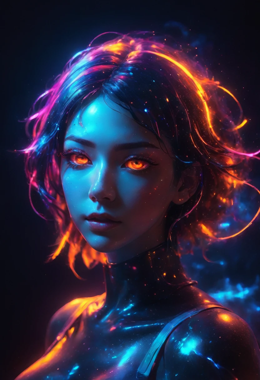 Vaporwave, 2d anime art illustratuon, moxin, ink splatters and bold brush lines, dark silhouette of a woman in a pitch black void, orange rim lighting gradually changing into red room lighting, eyes glowing with cold blue light, rising smoke, fever dream, chrome skin, volumetric lighting, subsurface scattering, godrays, frosted particles