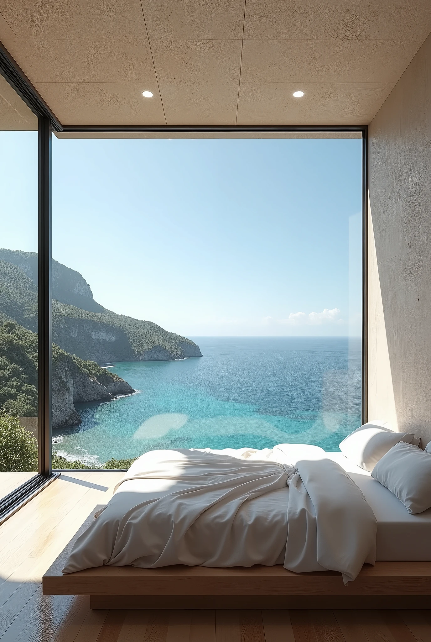 bedroom in minimalist house on a cliff by the sea, overlooking the caribbean ocean,